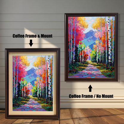 Bright Palette Knife Aspen Forest print with a path and mountains, framed in a dark Coffee Wood Frame. Two versions shown: one with a mat/mount and one without, set against a white wood wall.