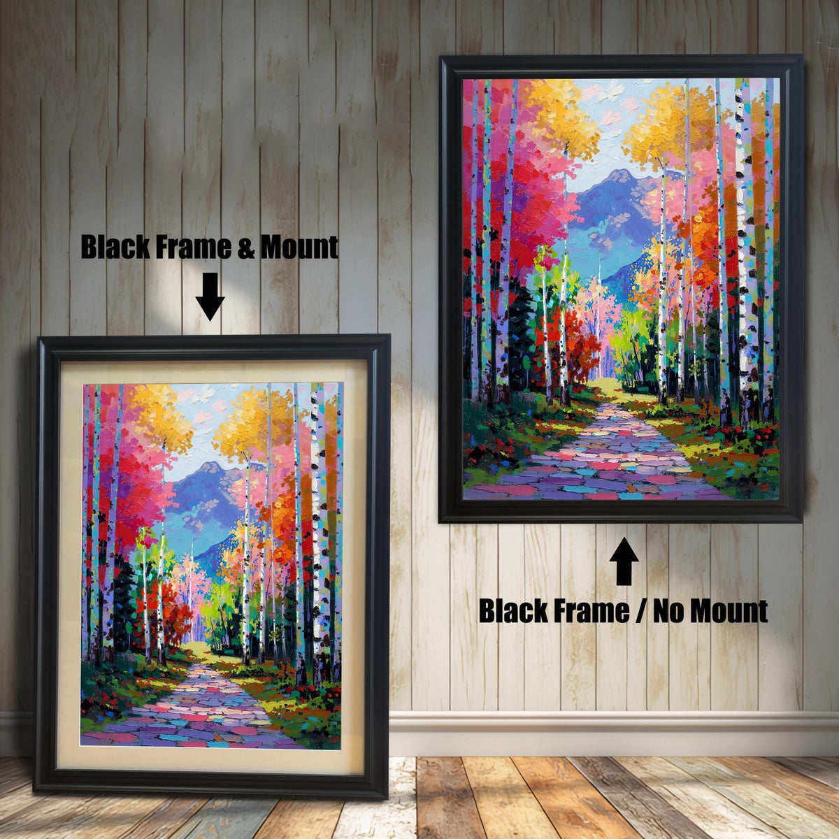 Bright Palette Knife Aspen Forest print with a path and mountains, framed in a sharp Black Wood Frame. Two versions shown: one with a mat/mount and one without, set against a white wood wall.