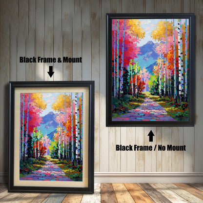 Bright Palette Knife Aspen Forest print with a path and mountains, framed in a sharp Black Wood Frame. Two versions shown: one with a mat/mount and one without, set against a white wood wall.