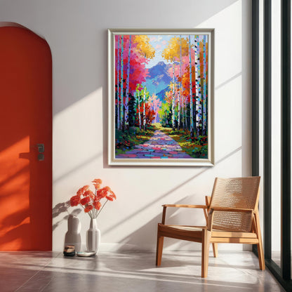 Interior shot of the colorful Aspen forest print in a White Wood Frame, hanging on a white wall next to a bright orange arched doorway and a wooden cane chair in a sunny, modern room.
