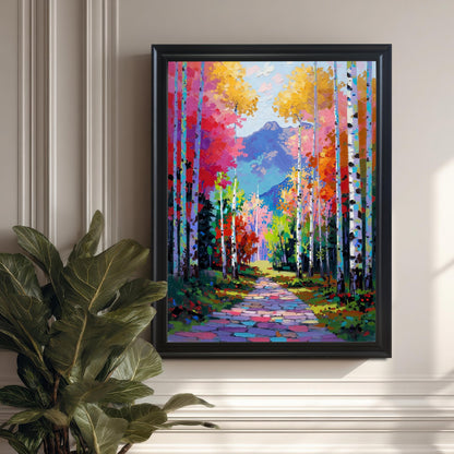 Vibrant Palette Knife Aspen Forest art print with a colorful path and mountains, framed in a Black Wood Frame with a mat/mount. The print hangs on a wainscoted wall next to a large green houseplant in a brightly lit room.