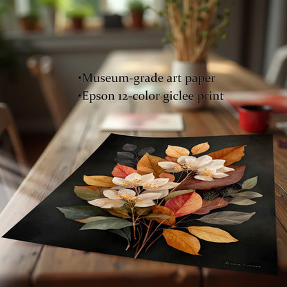 A close-up shot of the unframed art print lying on a wooden table. The high-quality print of the white floral and fall leaf bouquet is clearly visible. The text highlights the print quality: Museum-grade art paper and Epson 12-color giclee print.