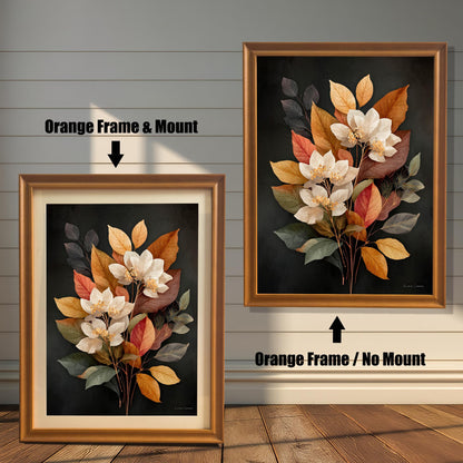 Two art prints displayed side-by-side against a white, wood-paneled wall. The one on the left shows the art in an Orange Frame & Mount (matting). The one on the right shows the art in an Orange Frame / No Mount (no matting).