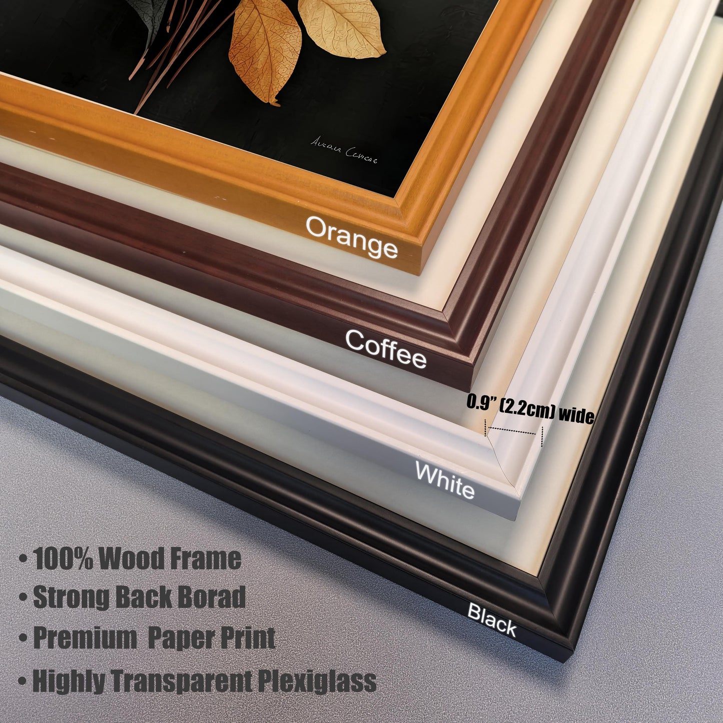 A close-up, angled view showing the four available wood frame colors stacked on top of each other: Orange (light brown), Coffee (dark brown), White, and Black. The text notes the frame is 0.9"" (2.2cm) wide and details the product features: 100% Wood Frame, Strong Back Board, Premium Paper Print, and Highly Transparent Plexiglass.