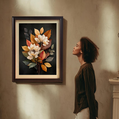 A woman with curly hair is standing and looking up admiring a framed art print of a bouquet of white flowers and autumn-toned leaves on a dark background. The art is in a dark brown (Coffee) wood frame with a mount (matting). The print hangs on a textured beige wall with dramatic shadows.