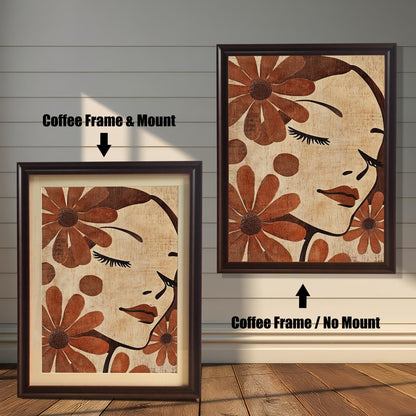 Two art prints displayed side-by-side against a white, wood-paneled wall. The one on the left shows the art in a Coffee frame & Mount (matting). The one on the right shows the art in a Coffee Frame / No Mount (no matting). Both frames are a dark brown, coffee color.