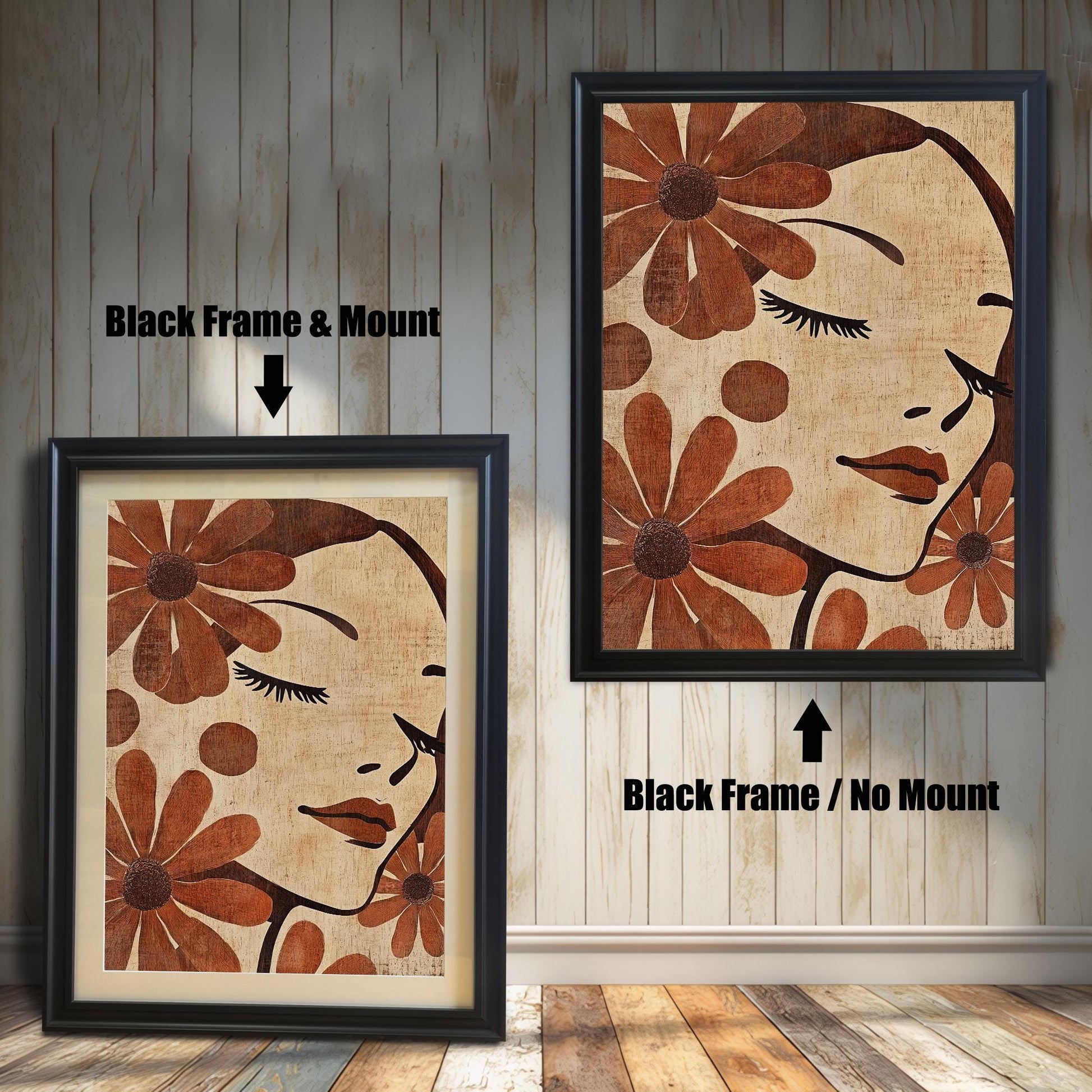 Two art prints displayed side-by-side against a white, wood-paneled wall. The one on the left shows the art in a Black Frame & Mount (matting). The one on the right shows the art in a Black Frame / No Mount (no matting).