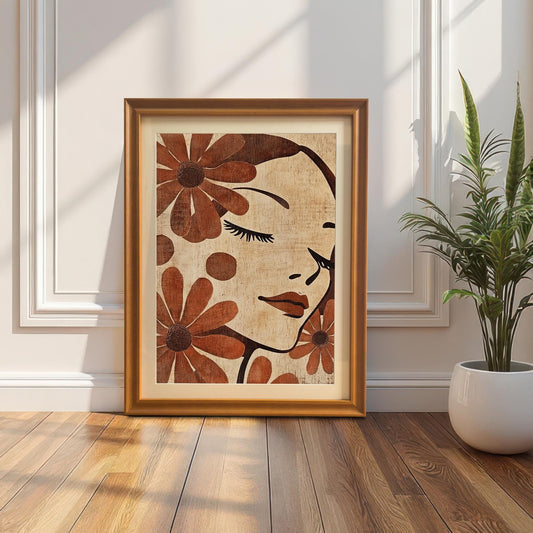 A single framed art print featuring a woman's face with closed eyes and reddish-brown flowers on a textured beige background. The print is in a wooden brown frame and is leaning against a white wainscoted wall next to a potted snake plant on a wooden floor, with sunlight streaming in.