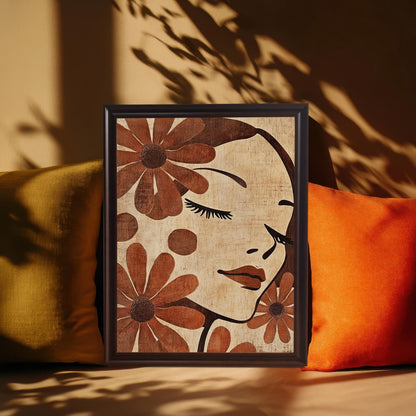 A framed art print of the floral face design resting between two colorful pillows (one mustard yellow, one bright orange). The frame is a dark brown (Coffee color). The image is styled with strong shadows of leaves, giving it a warm, artistic, and cozy feel.