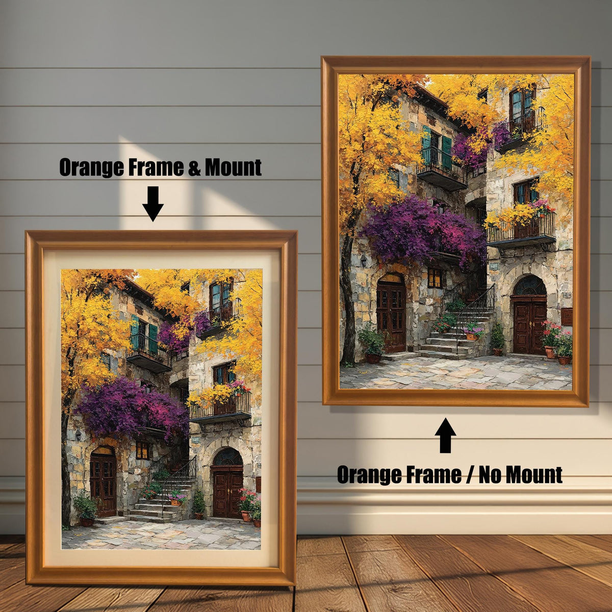 Comparison image of the art print with an orange wood frame. The left shows the print with "Orange Frame & Mount" (mat board), and the right shows it with "Orange Frame / No Mount."