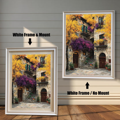 Comparison image of the art print with a white wood frame. The left shows the print with a "White Frame & Mount" (mat board), and the right shows it with a "White Frame / No Mount."