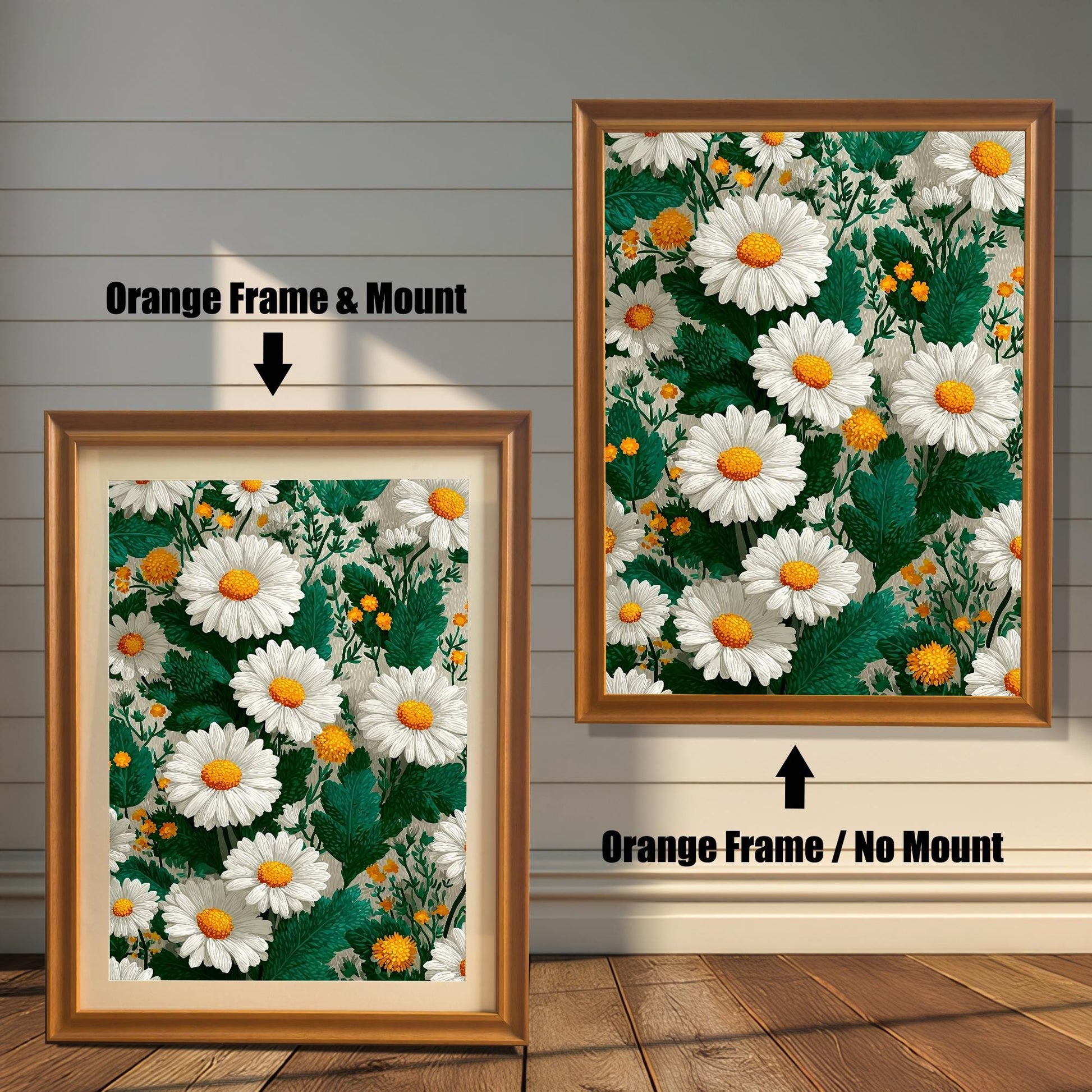 Comparison image of the art print with an orange wood frame. The left shows the print with "Orange Frame & Mount" (mat board), and the right shows it with "Orange Frame / No Mount."