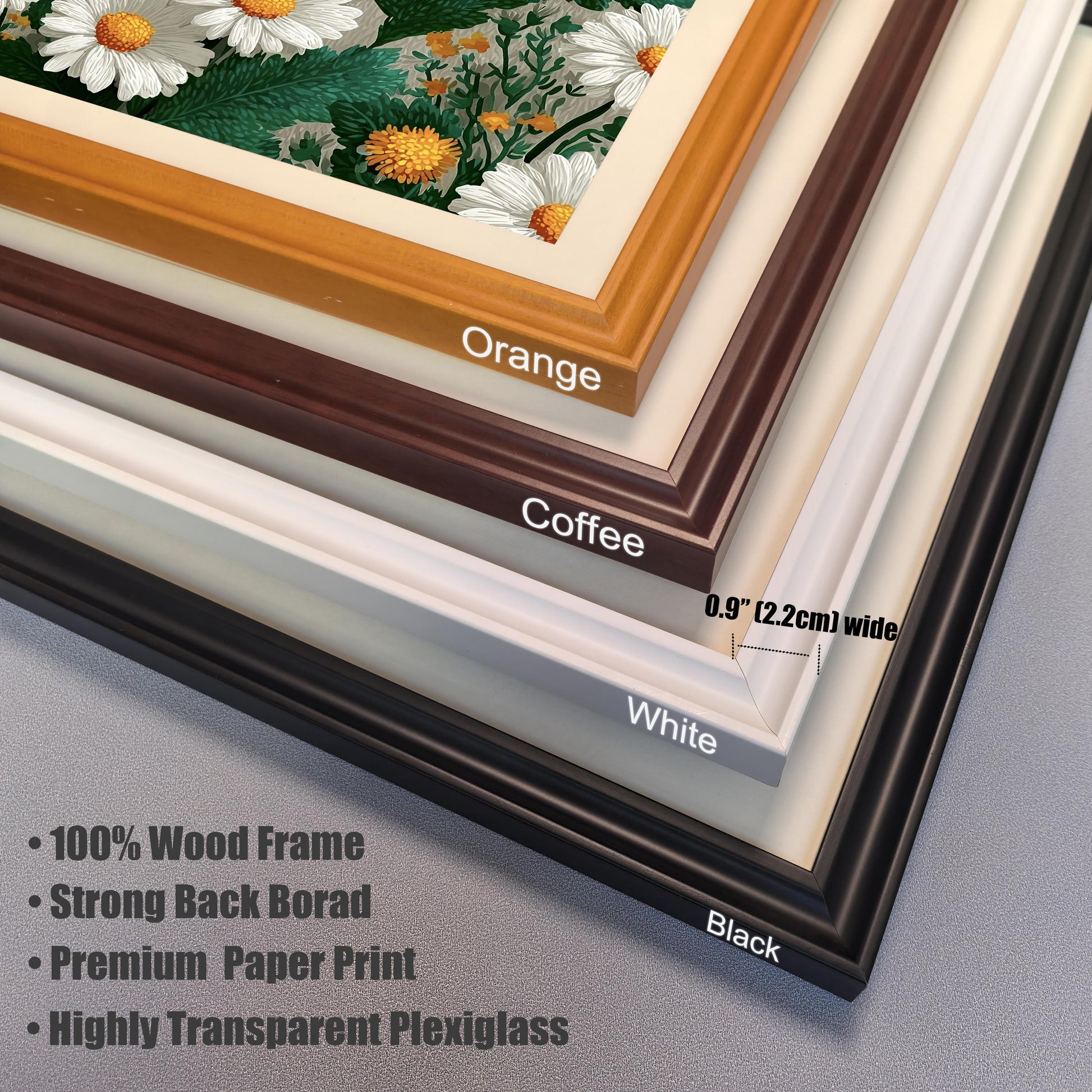 Close-up corner detail of four different wood frame colors available for the daisy art print: Orange, Coffee, White, and Black. The frame width is 0.9" (2.2cm). Text lists features: 100% Wood Frame, Strong Back Board, Premium Paper Print, Highly Transparent Plexiglass.