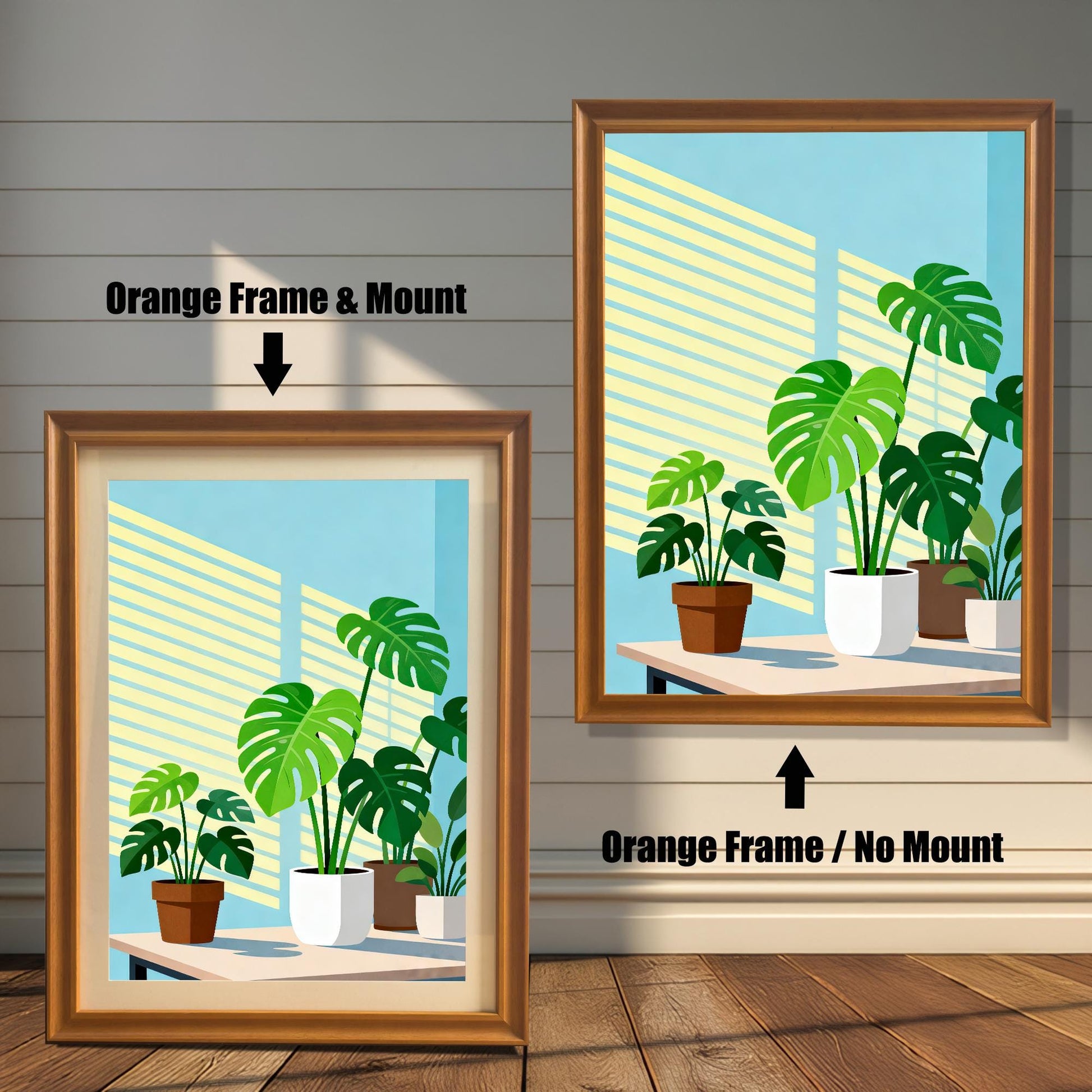 Two framed versions of the 'Monstera Plants' print against a white wooden wall. On the left is the Orange Frame with a light mount/matting. On the right is the Orange Frame without a mount.