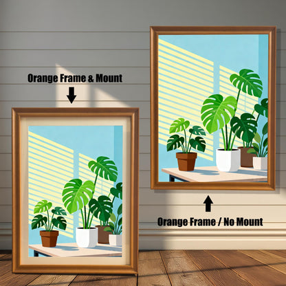 Two framed versions of the 'Monstera Plants' print against a white wooden wall. On the left is the Orange Frame with a light mount/matting. On the right is the Orange Frame without a mount.