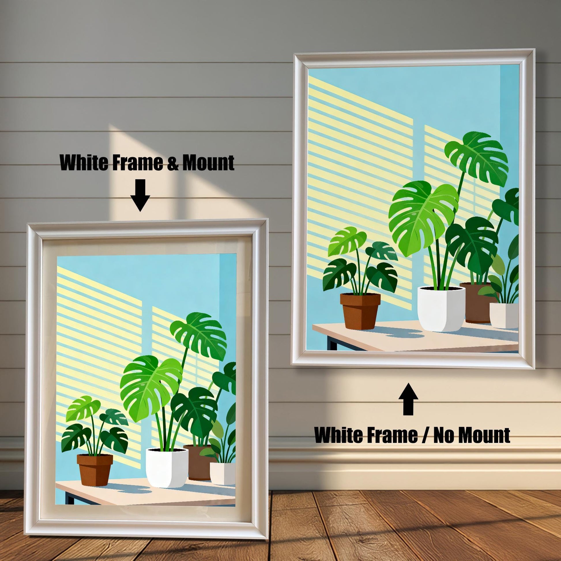Two framed versions of the 'Monstera Plants' print against a wooden wall. On the left is the White Frame with a light mount/matting. On the right is the White Frame without a mount.