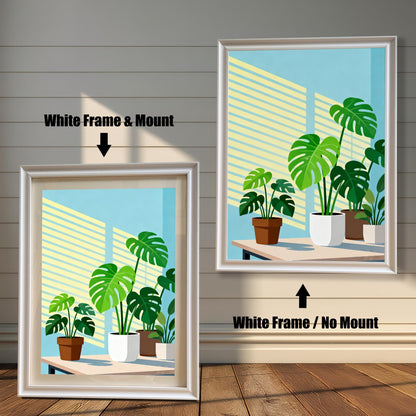 Two framed versions of the 'Monstera Plants' print against a wooden wall. On the left is the White Frame with a light mount/matting. On the right is the White Frame without a mount.