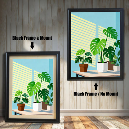 Two framed versions of the 'Monstera Plants' print against a wooden wall. On the left is the Black Frame with a light mount/matting. On the right is the Black Frame without a mount.