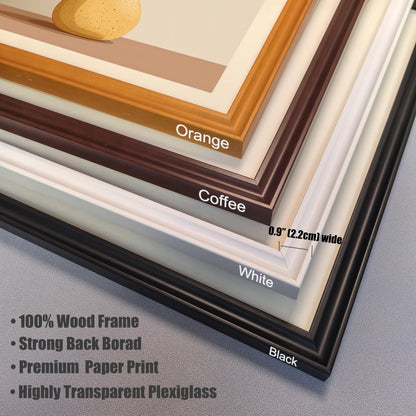 Corner-close-up photo showing a stack of four frame color options: Orange, Coffee (dark brown), White (off-white), and Black. Text highlights frame details: 0.9" (2.2cm) wide, 100% Wood Frame, Strong Back Board, Premium Paper Print, and Highly Transparent Plexiglass.