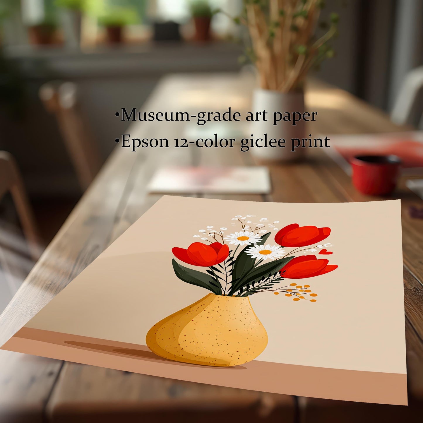 Close-up of an unframed print of the 'Tulips and Daisies in a Yellow Vase' artwork resting on a wooden table, with a blurred background. Text describes the print quality: Museum-grade art paper, Epson 12-color giclee print.