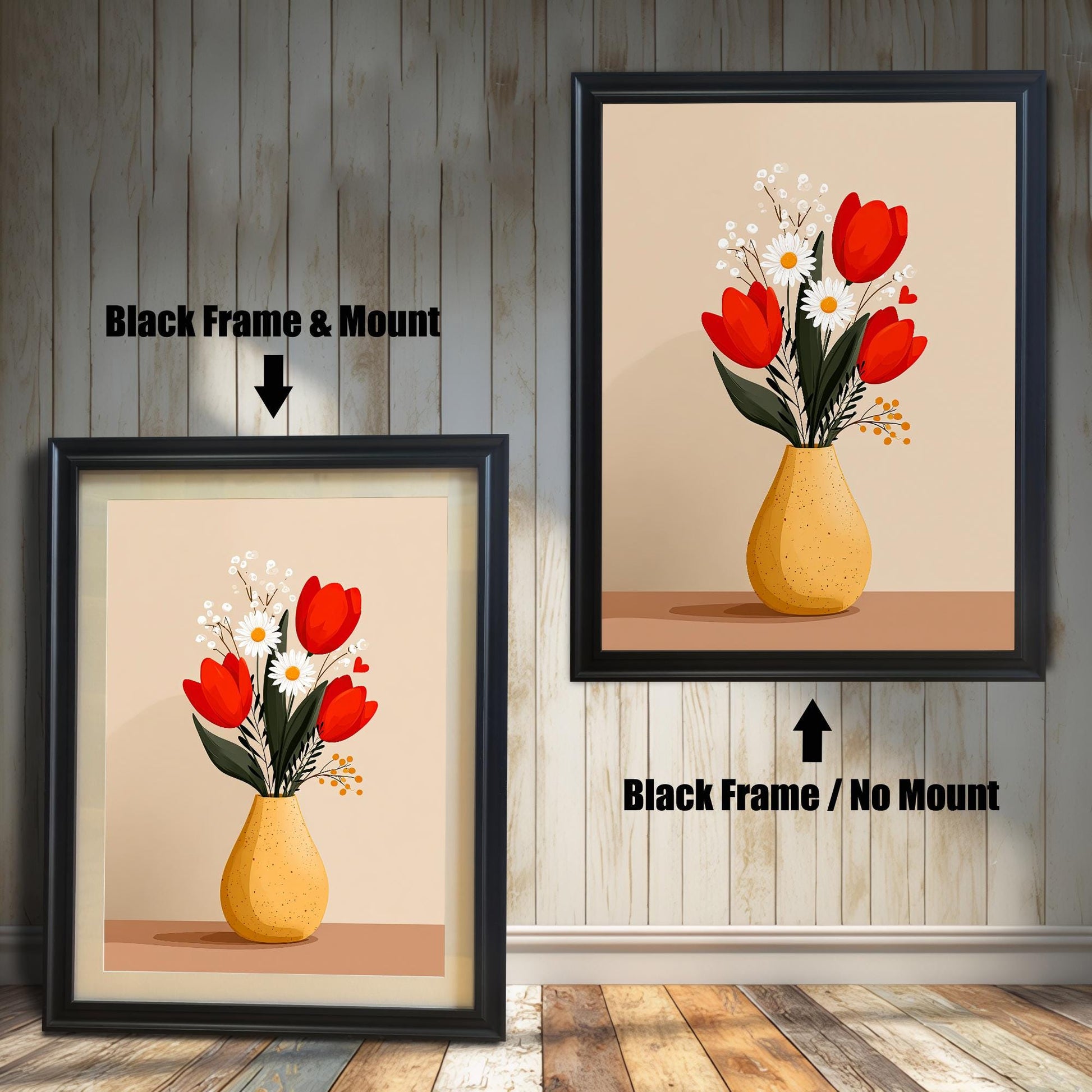 Two framed versions of the 'Tulips and Daisies' print against a wooden wall. On the left is the Black Frame with a light mount/matting. On the right is the Black Frame without a mount.