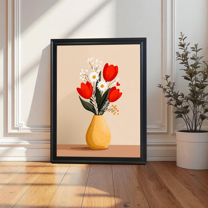 The framed 'Tulips and Daisies in a Yellow Vase' art print, in a Black Frame, leaning on a light wooden floor against a white paneled wall. Strong sunlight casts a dramatic shadow. A potted plant in a white container is visible to the right.