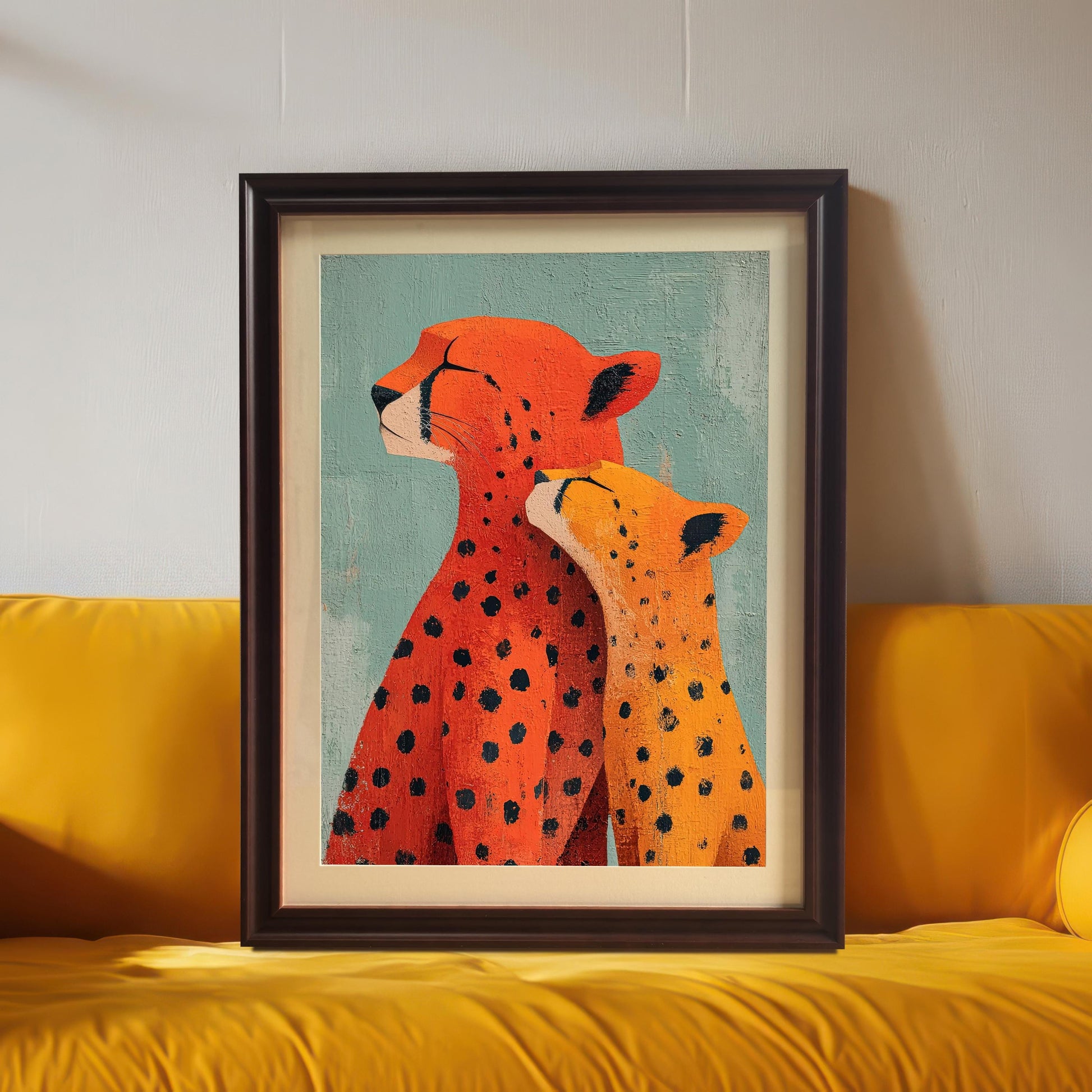 Close-up view of the framed 'Cheetah Love' art print, featuring an abstract mother and cub in bright orange and yellow with black spots. The print is in a Coffee (dark brown) wood frame with a mount and rests on a bright yellow cushion.