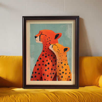 Close-up view of the framed 'Cheetah Love' art print, featuring an abstract mother and cub in bright orange and yellow with black spots. The print is in a Coffee (dark brown) wood frame with a mount and rests on a bright yellow cushion.