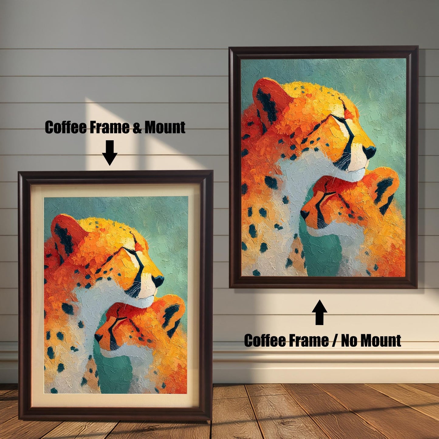 Close-up view of a framed art print featuring an impressionistic painting of a cheetah and a cub. The image shows two frame options: a Coffee (dark brown) colored wood frame with a mount (matting) and a Coffee wood frame with no mount around the print. This highlights the difference in presentation.