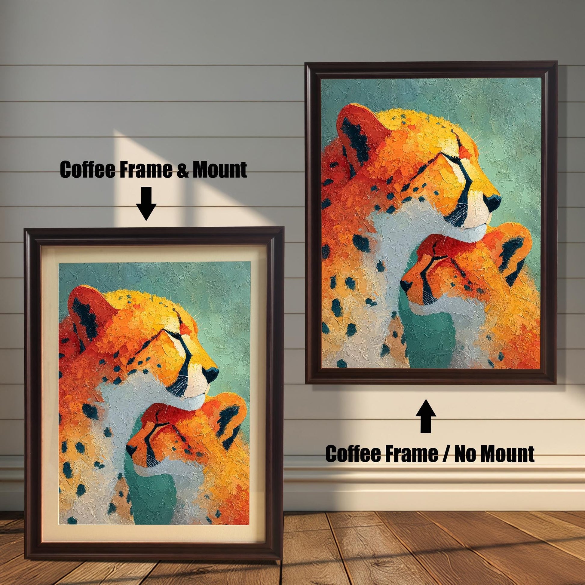 Close-up view of a framed art print featuring an impressionistic painting of a cheetah and a cub. The image shows two frame options: a Coffee (dark brown) colored wood frame with a mount (matting) and a Coffee wood frame with no mount around the print. This highlights the difference in presentation.