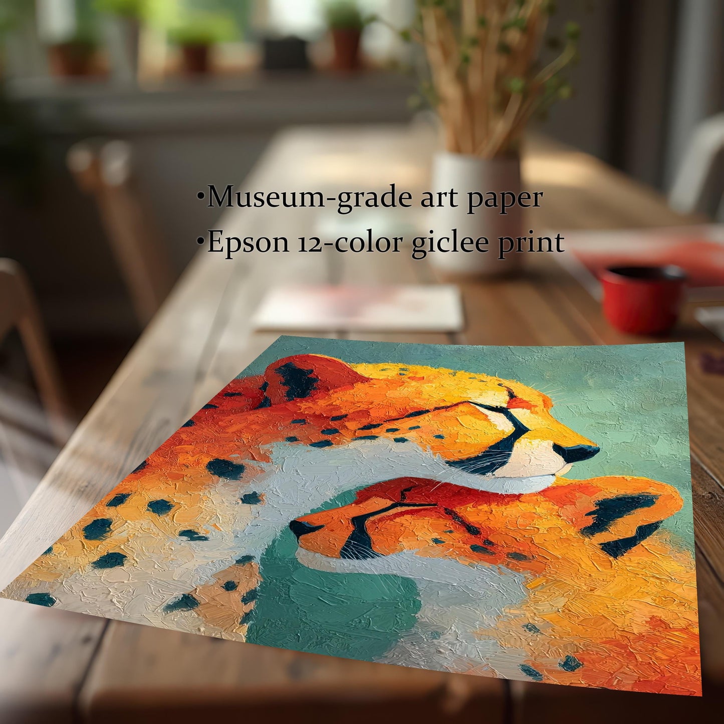 A high-quality print of the cheetah and cub artwork resting on a wooden table, emphasizing the print quality. Text overlays read: "Museum-grade art paper" and "Epson 12-color giclee print," highlighting the premium materials used.