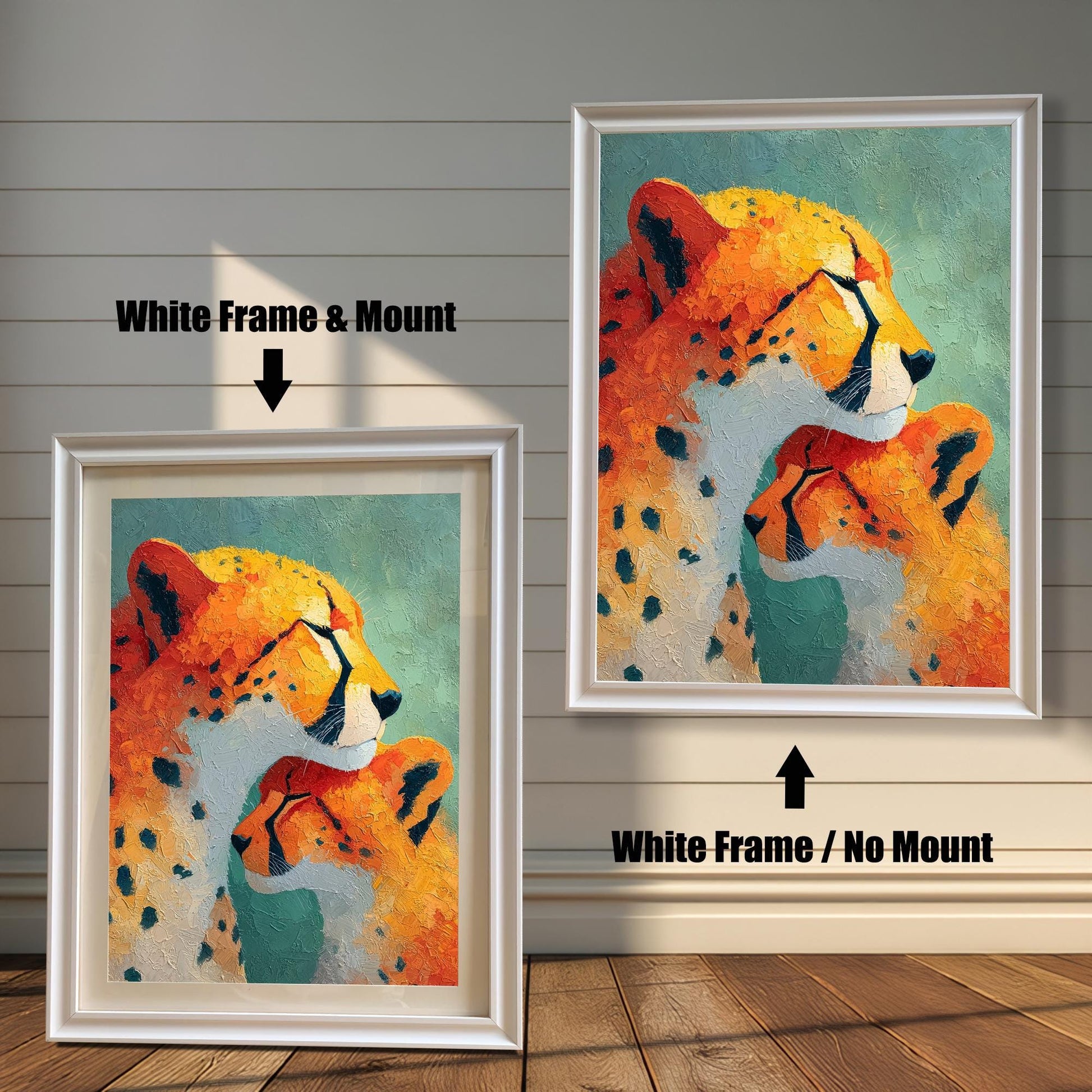 Close-up view of a framed art print featuring an impressionistic painting of a cheetah and a cub. The image shows two frame options: a White wood frame with a mount (matting) and a White wood frame with no mount around the print.