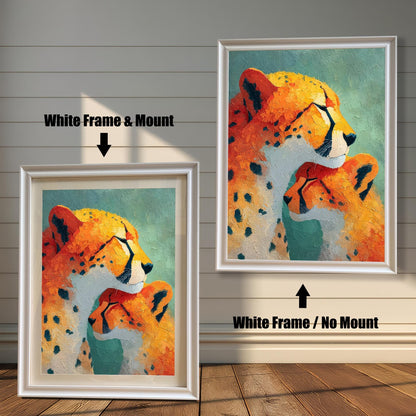 Close-up view of a framed art print featuring an impressionistic painting of a cheetah and a cub. The image shows two frame options: a White wood frame with a mount (matting) and a White wood frame with no mount around the print.