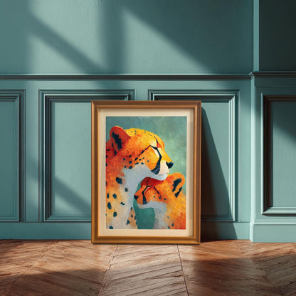 A framed art print of the cheetah and cub artwork with an Orange (light brown) wood frame leaning on the floor against a decorative teal-colored wall. This is a lifestyle shot demonstrating the decor appeal.