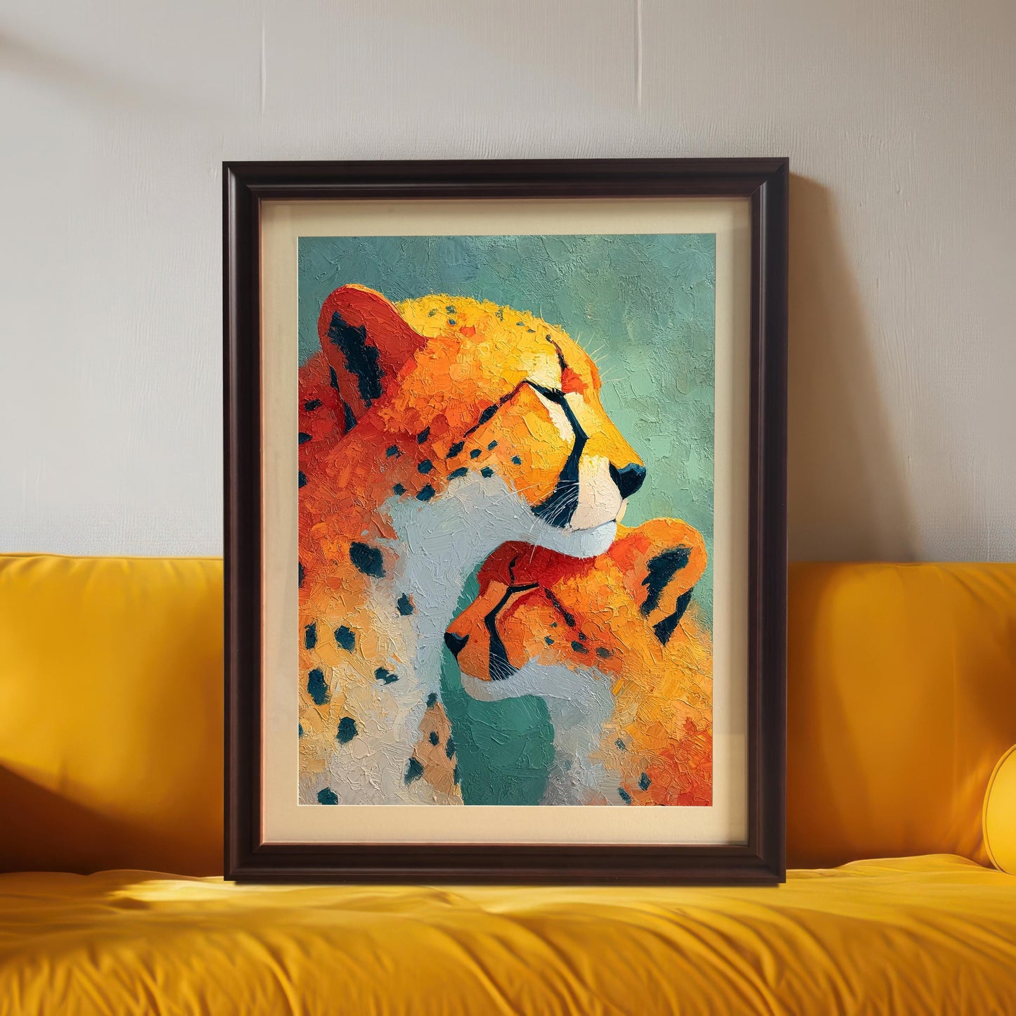A framed art print of the cheetah and cub artwork with a Coffee (dark brown) wood frame and a light-colored mount (matting), leaning against a gray wall on a bright yellow couch. This is a lifestyle shot emphasizing color contrast and home decor.