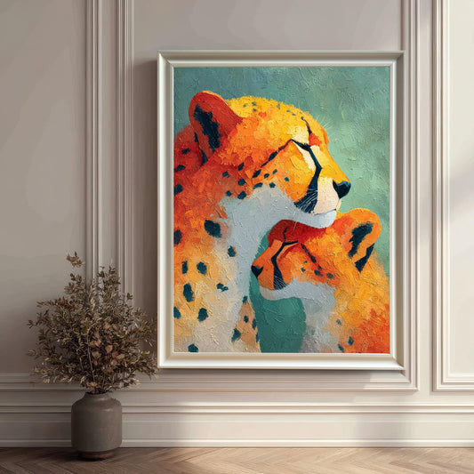 Lifestyle shot of the cheetah and cub art print with a thick White wood frame, hanging or leaning on a sophisticated white paneled wall. The lighting highlights the texture of the wall and frame. A simple vase with dried foliage is on the floor to the left.