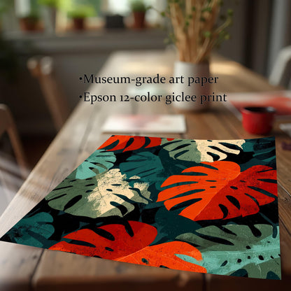 A high-quality print of the Monstera leaf artwork resting on a wooden table, emphasizing the print quality. Text overlays read: "Museum-grade art paper" and "Epson 12-color giclee print," highlighting the premium materials used.