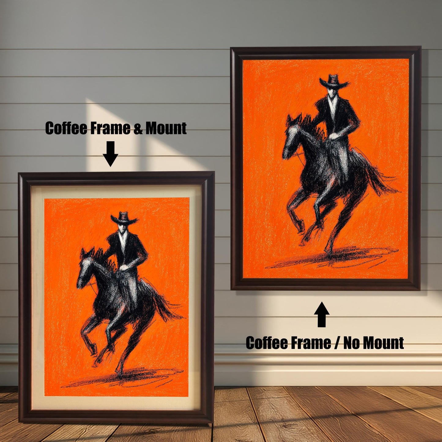 Close-up view of a framed art print featuring a striking black charcoal sketch of a cowboy riding a horse against a bright orange background. The image shows two frame options: a Coffee (dark brown) colored wood frame with a mount (matting) and a Coffee wood frame with no mount around the print.