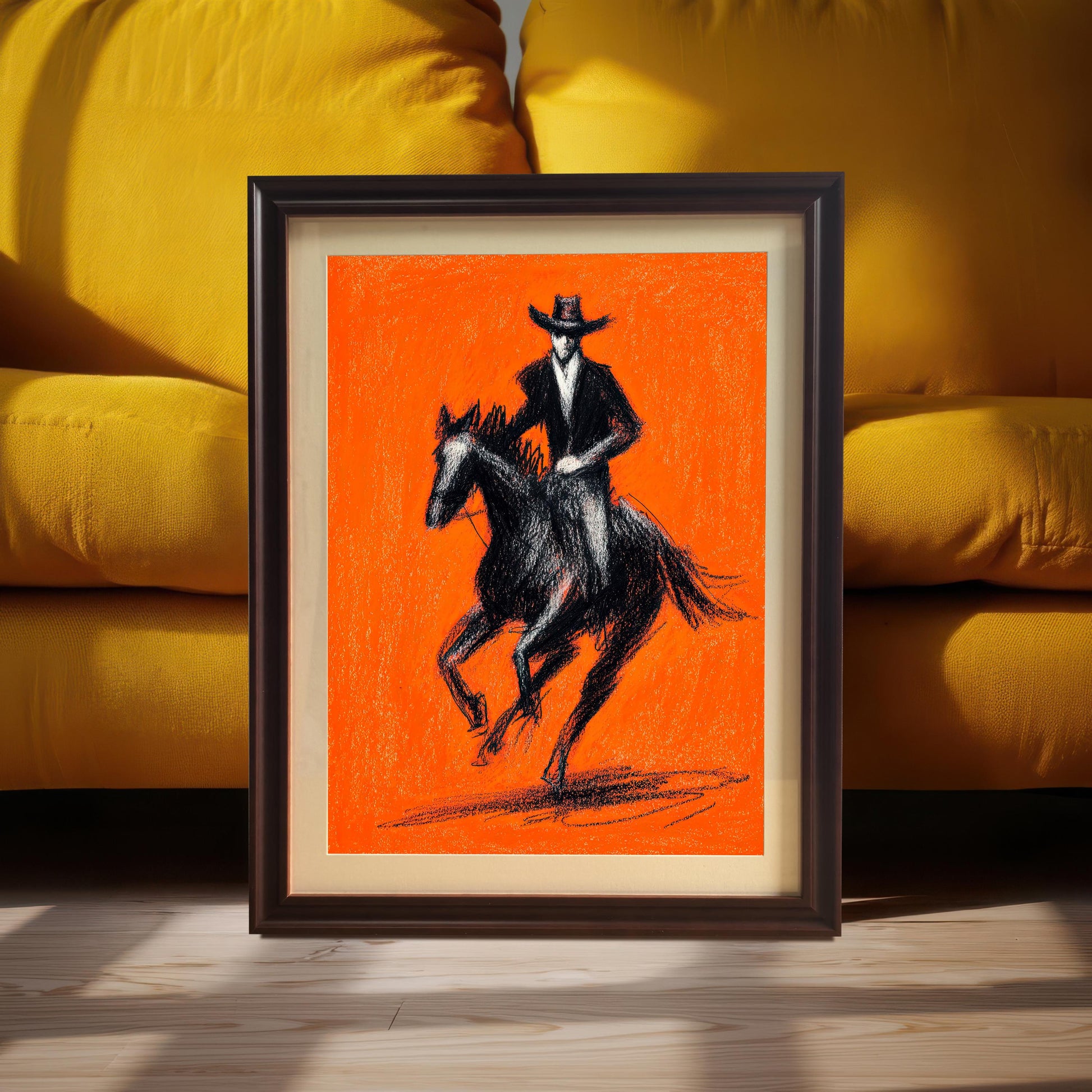 A framed art print featuring a black charcoal sketch of a cowboy riding a horse against a bright orange background, framed with a Coffee (dark brown) wood frame and a light-colored mount (matting). The print is leaning on a wood floor against a stack of bright yellow couch cushions.