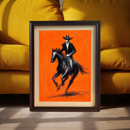 A framed art print featuring a black charcoal sketch of a cowboy riding a horse against a bright orange background, framed with a Coffee (dark brown) wood frame and a light-colored mount (matting). The print is leaning on a wood floor against a stack of bright yellow couch cushions.