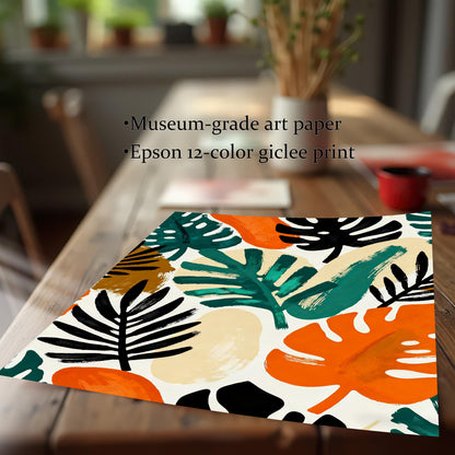 A close-up of the art print rolled out on a wooden table, emphasizing the print quality. Text notes the paper is Museum-grade art paper and printed with an Epson 12-color giclee print process.