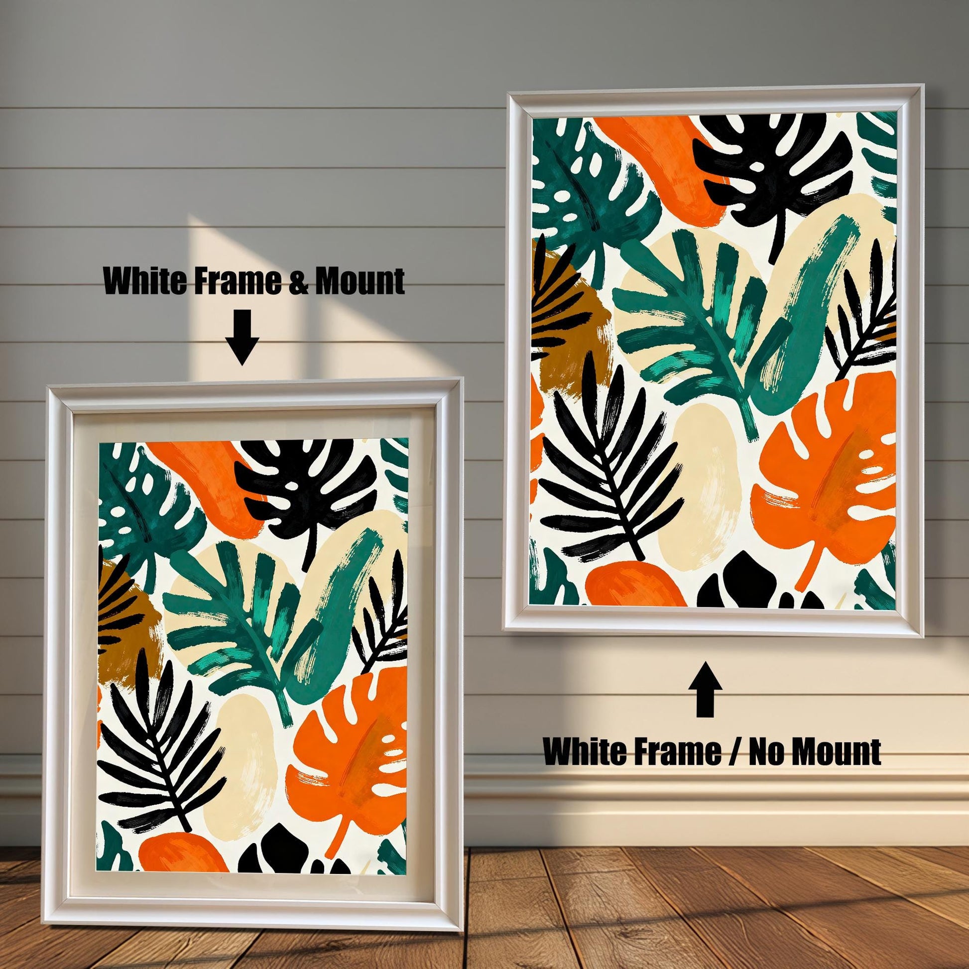 Comparison image of the art print in a White Frame with and without a Mount (matting). The left image shows the print with a mount, and the right shows it without.