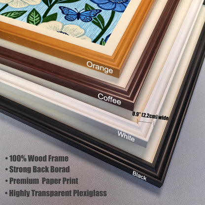 Close-up stacked view of the four available wood frame colors: Orange, Coffee, White, and Black. Text highlights that the frames are 0.9"" (2.2cm) wide and details product features: 100% Wood Frame, Strong Back Board, Premium Paper Print, and Highly Transparent Plexiglass.