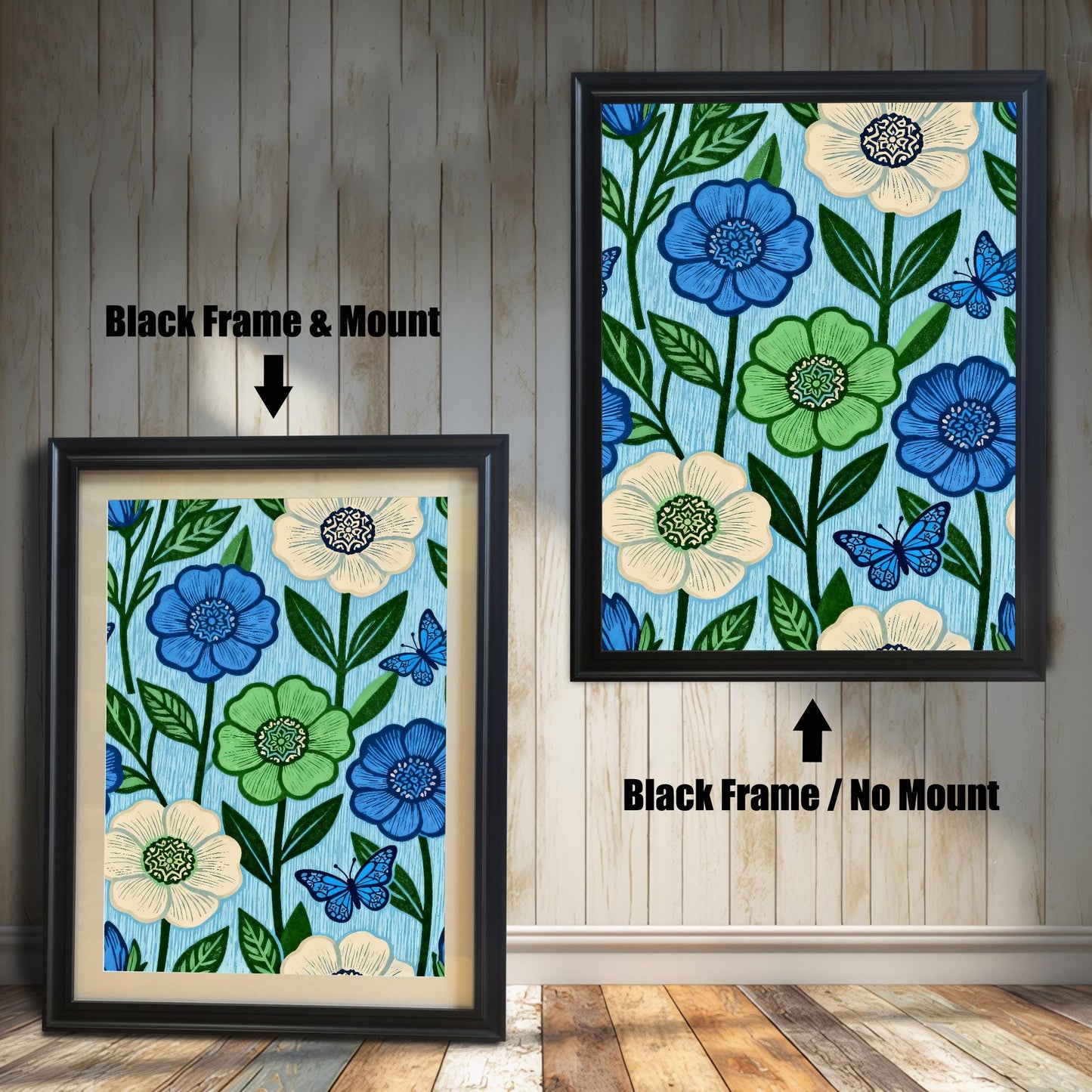 Comparison image showing a Black framed art print with a light-colored mount (mat) on the left, and a Black framed art print without a mount on the right. Both prints feature a repeating pattern of blue, green, and cream flowers with blue butterflies on a light blue, wood-grain textured background.