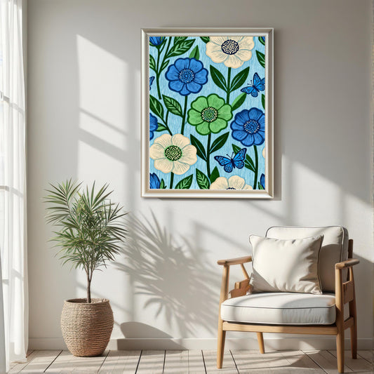 A large White framed art print featuring a pattern of blue, green, and cream flowers with blue butterflies on a light blue background. The print is hanging on a white wall in a sunlit room, positioned above a light wood chair and next to a potted plant in a woven basket.