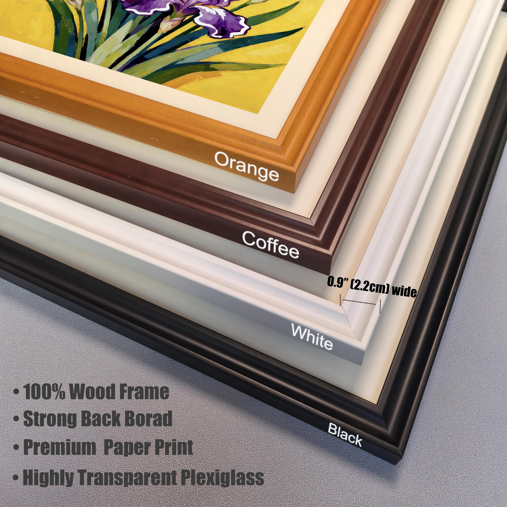 Close-up stacked view of the four available wood frame colors: Orange, Coffee, White, and Black. Text highlights that the frames are 0.9"" (2.2cm) wide and details product features: 100% Wood Frame, Strong Back Board, Premium Paper Print, and Highly Transparent Plexiglass.