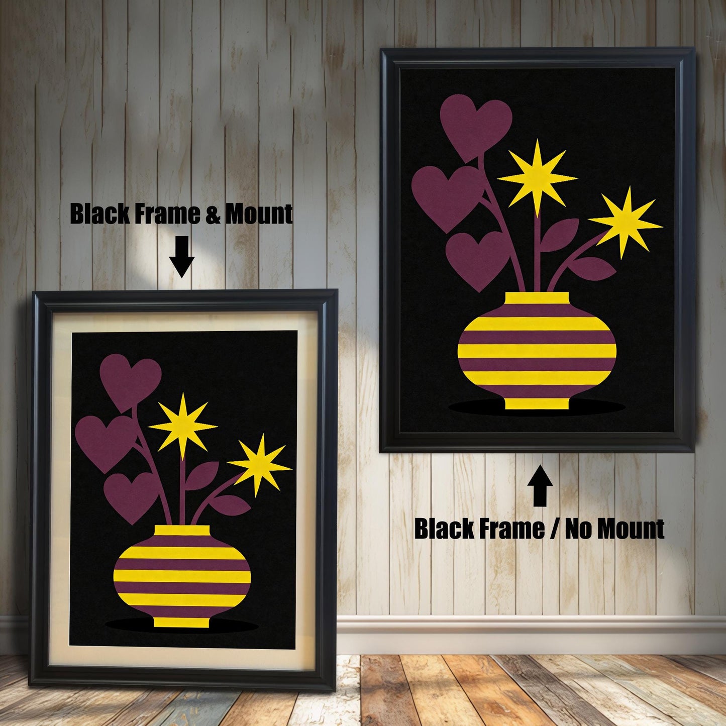 Comparison image showing a Black framed art print with a light-colored mount (mat) on the left, and a Black framed art print without a mount on the right. Both prints feature a purple and yellow striped vase with purple heart-shaped leaves and yellow star flowers on a black background.