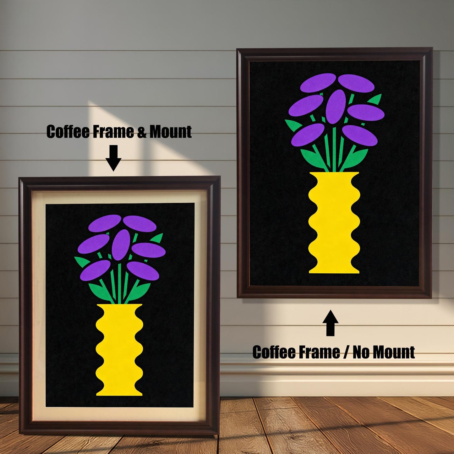 Comparison image showing a dark brown Coffee framed art print with a light-colored mount (mat) on the left, and a Coffee framed art print without a mount on the right. Both prints feature a yellow vase with purple and green flowers on black.