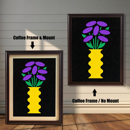 Comparison image showing a dark brown Coffee framed art print with a light-colored mount (mat) on the left, and a Coffee framed art print without a mount on the right. Both prints feature a yellow vase with purple and green flowers on black.