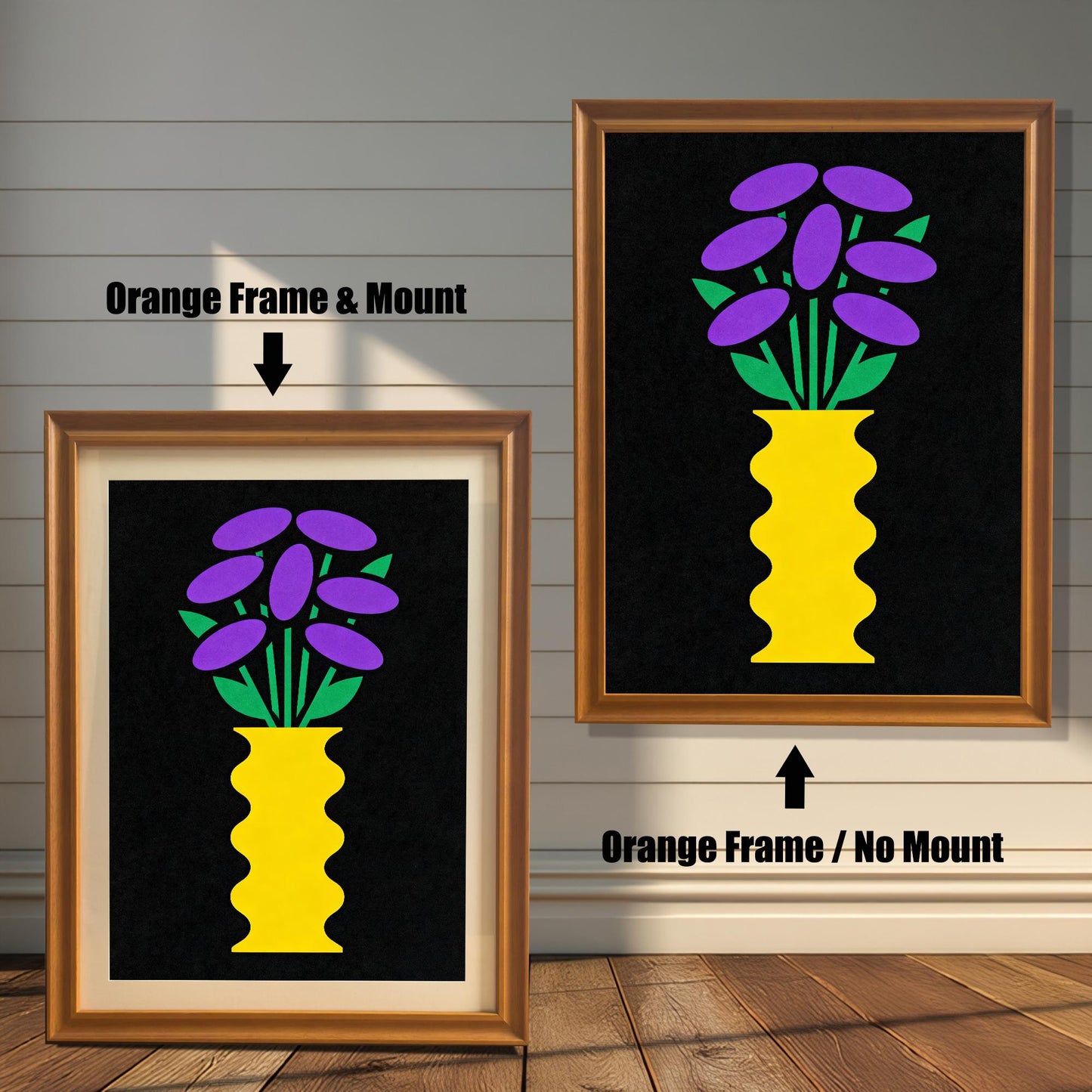 Comparison image showing a golden-brown Orange framed art print with a light-colored mount (mat) on the left, and an Orange framed art print without a mount on the right. Both prints feature a yellow vase with purple and green flowers on black.